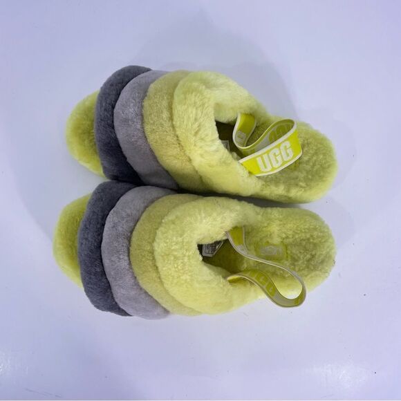 UGG Yellow & Grey Striped Fuzzy Open Toe Slippers Size 7 - Picture 1 of 6